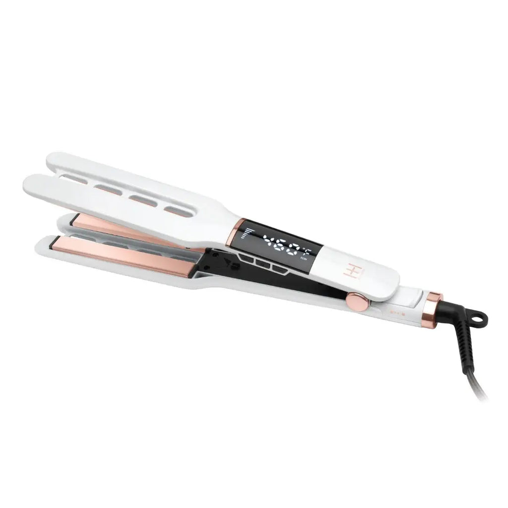 Get smooth, straight hair twice as fast with this dual plate ceramic flat iron. Featuring ceramic ionic technology, this iron eliminates frizz and static, resulting in the smoothest hair possible. 