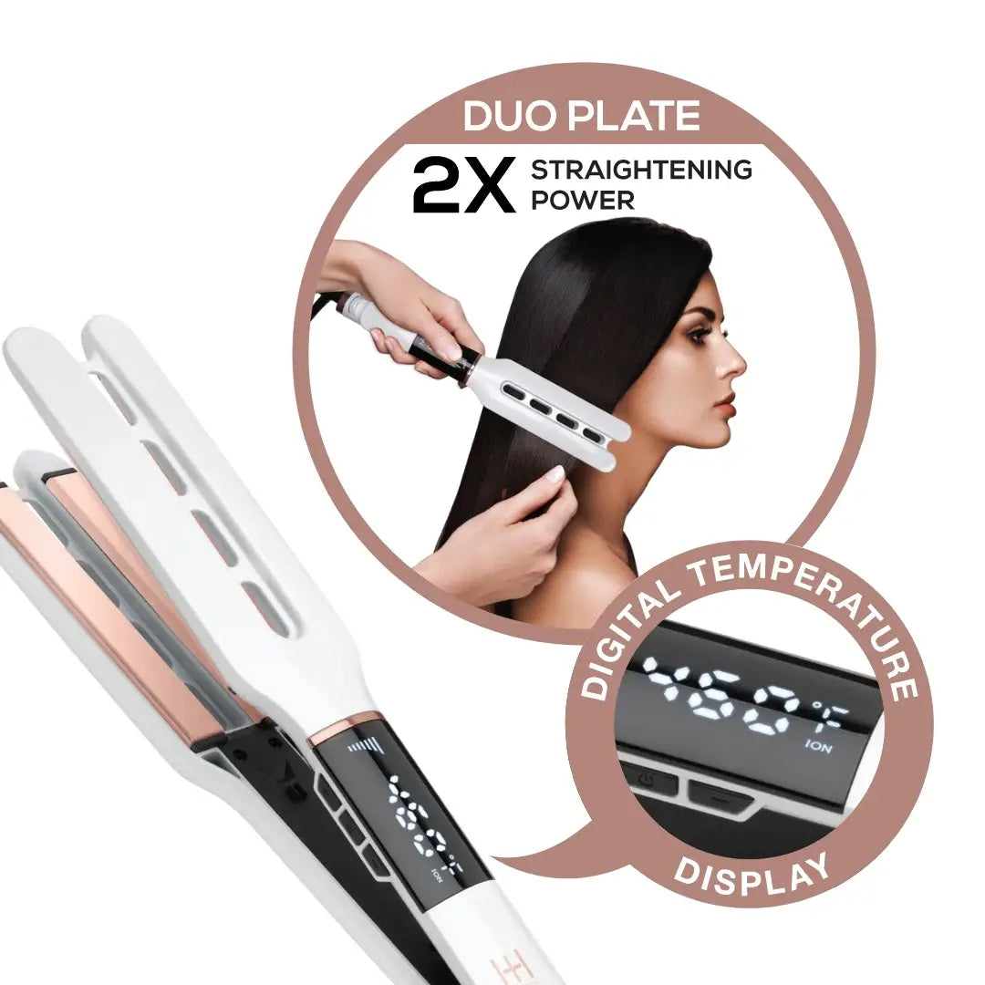 Get smooth, straight hair twice as fast with this dual plate ceramic flat iron. Featuring ceramic ionic technology, this iron eliminates frizz and static, resulting in the smoothest hair possible. 