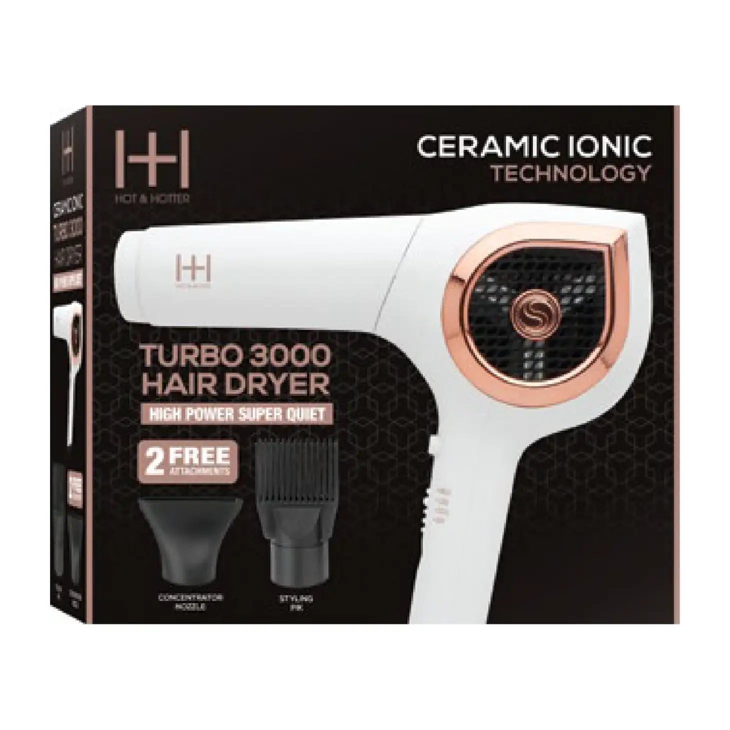 The Ceramic Ionic Turbo 3000 Hair Dryer from Hot & Hotter offers best-in-class performance and durability with its Ceramic Ionic Technology. With a powerful yet quiet motor and two attachments, this hair dryer is perfect for anyone looking for a new hair styling tool.