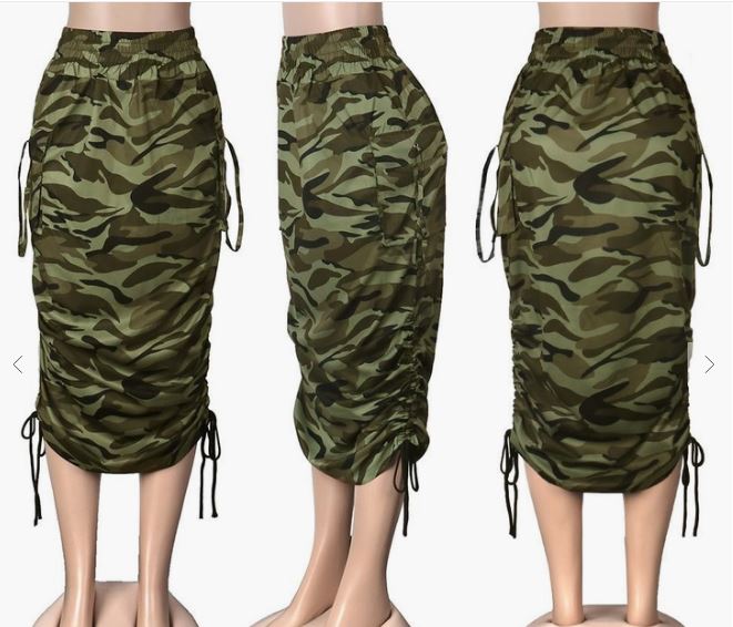 Women's News Printed or Camouflage Pocket Long Skirt adies long printed skirts with large deep pockets on both sides light stretch material, 35% cotton/65% polyester. Wide elastic waist, drawstrings on each side of skirt, light weight material for comfort. Casual or dress attire.