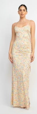 Load image into Gallery viewer, Ladies Floral long dress side draw with side split.
