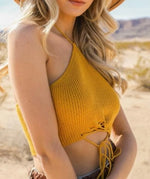 Load image into Gallery viewer, Lace-Up Halter Knit Bralette is the perfect festival season accessory. It is made from a soft knit fabric and features a lace halter neckline. It&#39;s super comfortable to wear and ill look great under any festival outfit.
