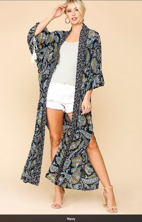 Women's Kimono Open Front with Side Slits Navy