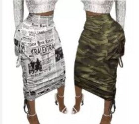Women's News Printed or Camouflage Pocket Long Skirt adies long printed skirts with large deep pockets on both sides light stretch material, 35% cotton/65% polyester. Wide elastic waist, drawstrings on each side of skirt, light weight material for comfort. Casual or dress attire. 
