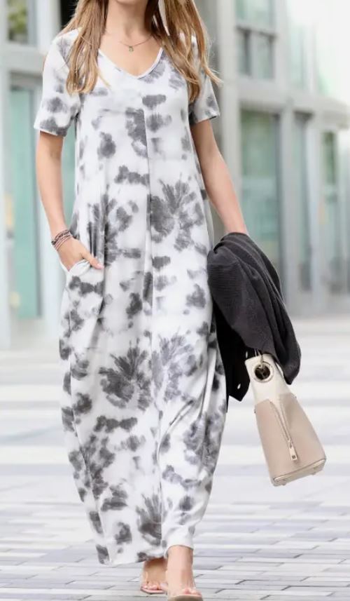 soft French Terry tie dye v-neck short sleeve maxi dress women's