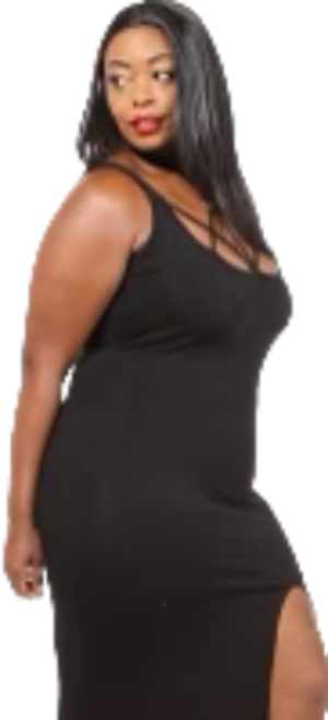Long mid-thigh split black dress with single button chocker with cross strap scooped neckline. Wear casual or date night figure fitting.